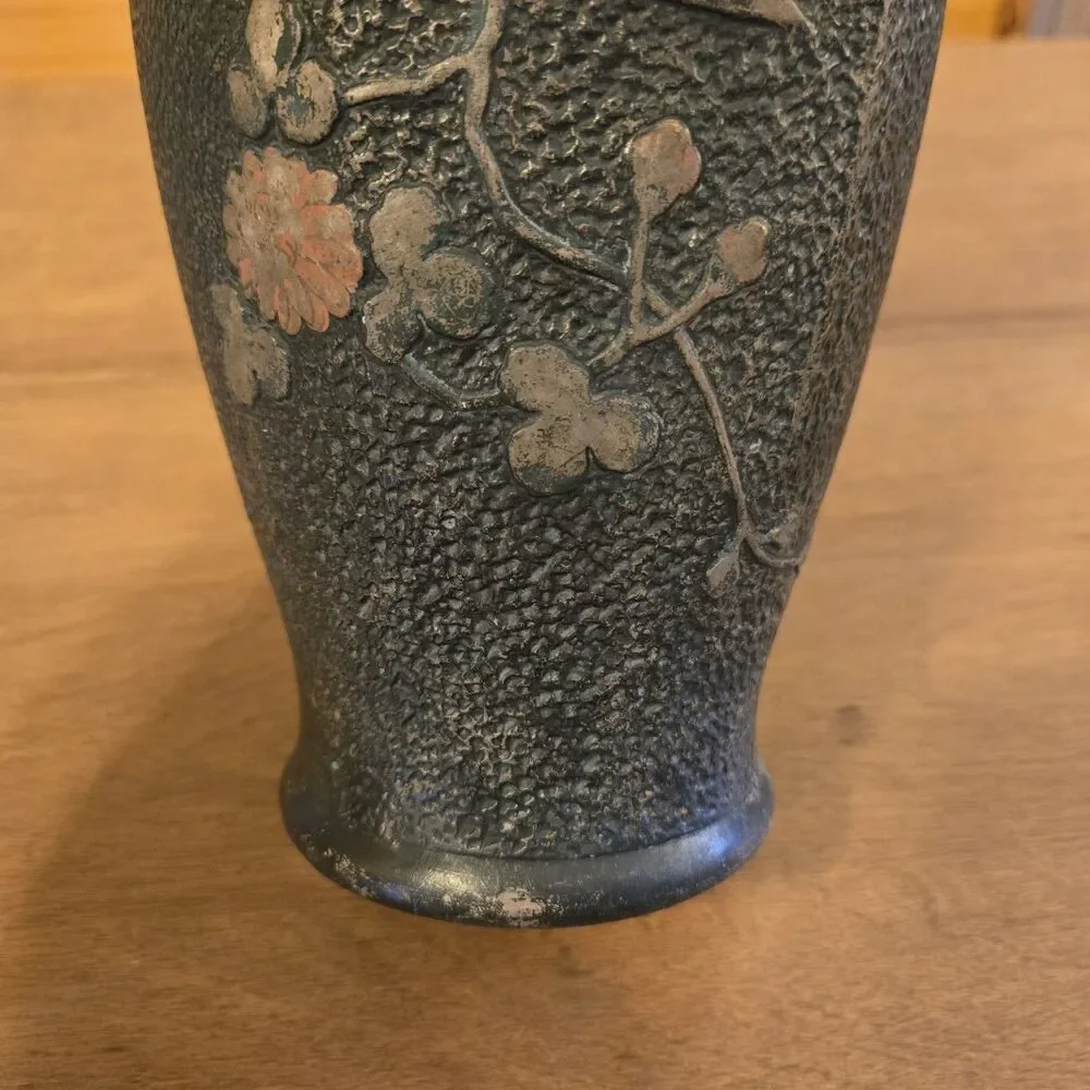 Antique Vtg Japanese Tokanabe Black Vase Hand Painted Floral Bird, 10
